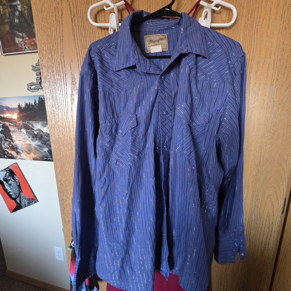 Vintage Blue Wrangler Striped Button-Up Shirt